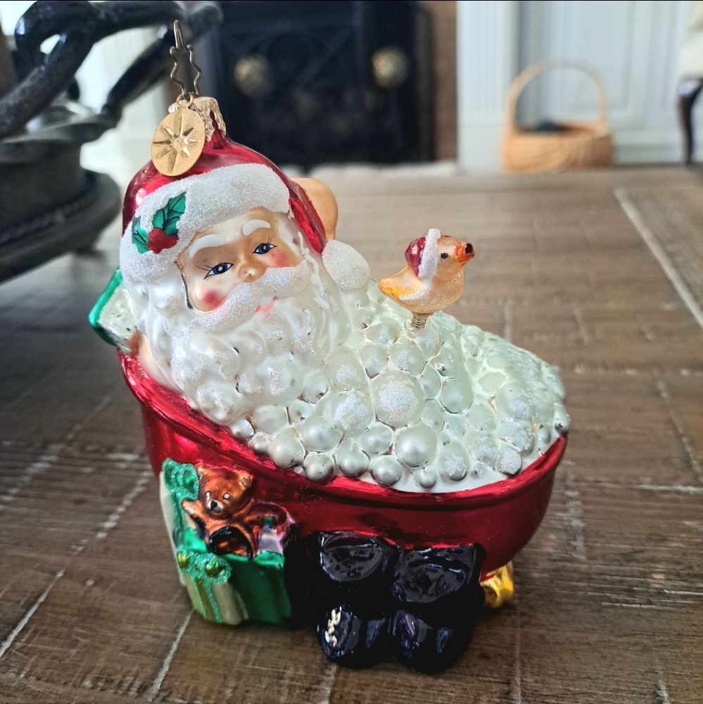 Christopher Radko TWAS THE NIGHT AFTER CHRISTMAS Glass Ornament Santa in Tub